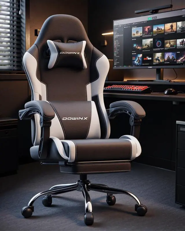 Alt view image 2 of 7 - Dowinx Ergonomic Gaming Chair with Footrest & Massage Lumbar, 2D-Linkage Armrests for Computer Chair 330lbs with Headrest Pillow for Office, Home, Streaming and Long Gaming Sessions, White