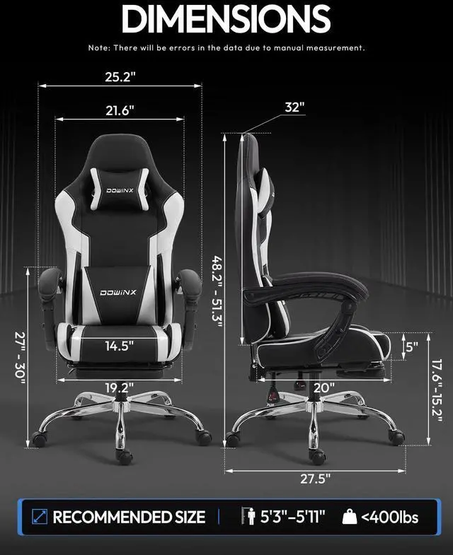 Alt view image 3 of 7 - Dowinx Ergonomic Gaming Chair with Footrest & Massage Lumbar, 2D-Linkage Armrests for Computer Chair 330lbs with Headrest Pillow for Office, Home, Streaming and Long Gaming Sessions, White