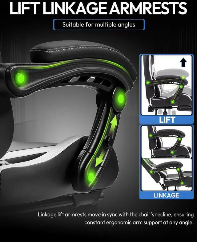 Alt view image 4 of 7 - Dowinx Ergonomic Gaming Chair with Footrest & Massage Lumbar, 2D-Linkage Armrests for Computer Chair 330lbs with Headrest Pillow for Office, Home, Streaming and Long Gaming Sessions, White