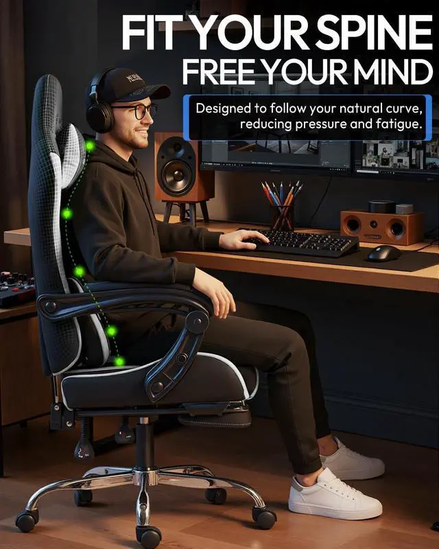 Alt view image 5 of 7 - Dowinx Ergonomic Gaming Chair with Footrest & Massage Lumbar, 2D-Linkage Armrests for Computer Chair 330lbs with Headrest Pillow for Office, Home, Streaming and Long Gaming Sessions, White