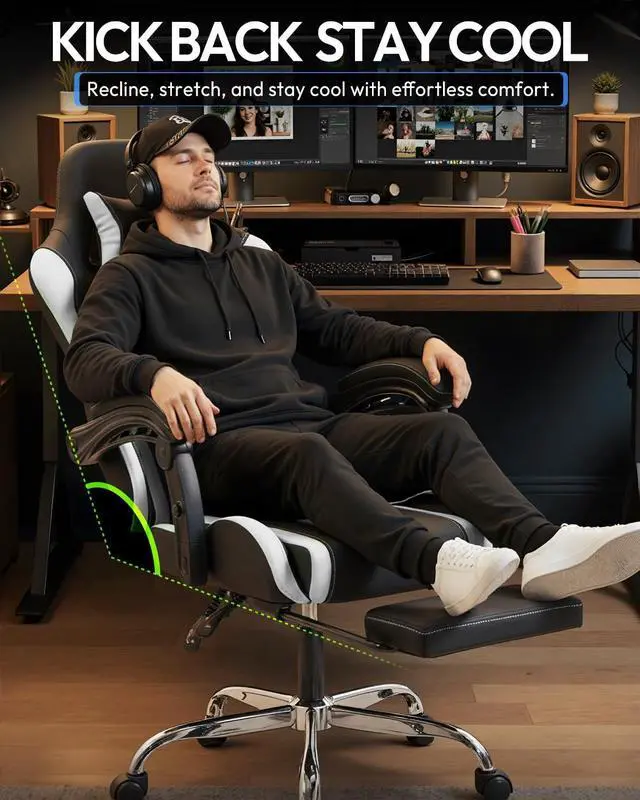 Alt view image 6 of 7 - Dowinx Ergonomic Gaming Chair with Footrest & Massage Lumbar, 2D-Linkage Armrests for Computer Chair 330lbs with Headrest Pillow for Office, Home, Streaming and Long Gaming Sessions, White