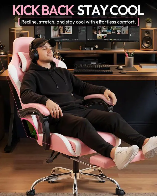 Alt view image 7 of 7 - Dowinx Ergonomic Gaming Chair with Footrest & Massage Lumbar, 2D-Linkage Armrests for Computer Chair 330lbs with Headrest Pillow for Office, Home, Streaming and Long Gaming Sessions, Bright Pink