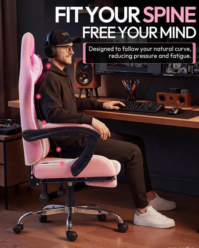 Alt view image 6 of 7 - Dowinx Ergonomic Gaming Chair with Footrest & Massage Lumbar, 2D-Linkage Armrests for Computer Chair 330lbs with Headrest Pillow for Office, Home, Streaming and Long Gaming Sessions, Bright Pink