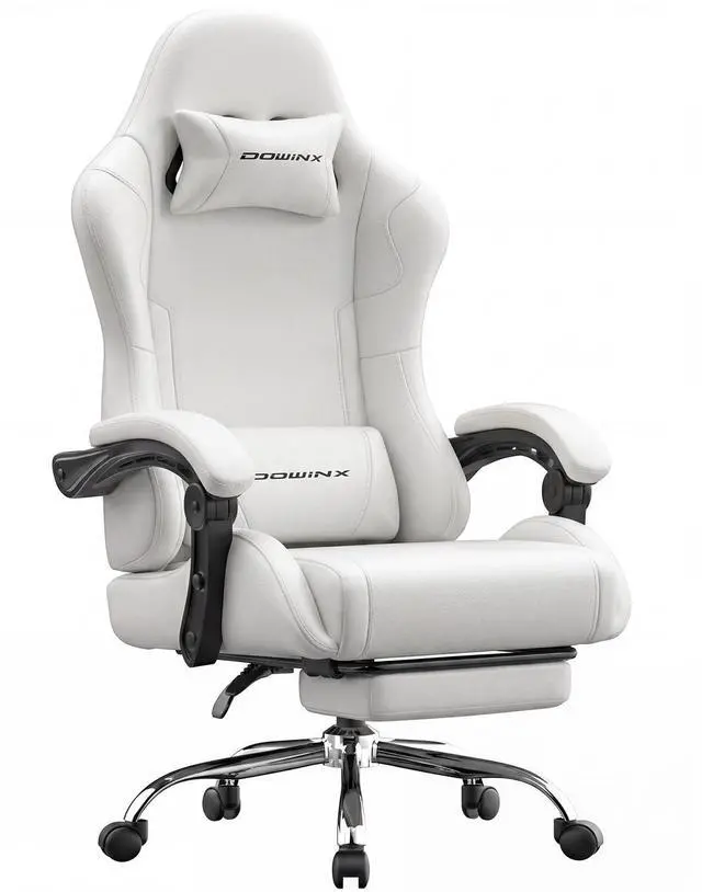 Main image of Dowinx Ergonomic Gaming Chair with Footrest & Massage Lumbar, 2D-Linkage Armrests for Computer Chair 330lbs with Headrest Pillow for Office, Home, Streaming and Long Gaming Sessions, Fabric Pure White