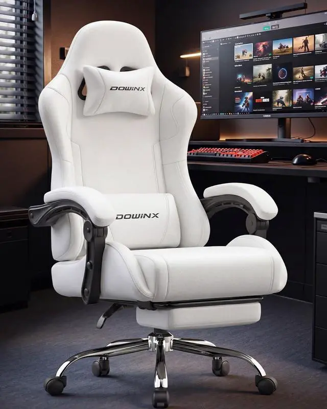 Alt view image 2 of 7 - Dowinx Ergonomic Gaming Chair with Footrest & Massage Lumbar, 2D-Linkage Armrests for Computer Chair 330lbs with Headrest Pillow for Office, Home, Streaming and Long Gaming Sessions, Fabric Pure White