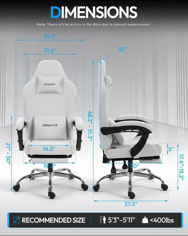 Alt view image 3 of 7 - Dowinx Ergonomic Gaming Chair with Footrest & Massage Lumbar, 2D-Linkage Armrests for Computer Chair 330lbs with Headrest Pillow for Office, Home, Streaming and Long Gaming Sessions, Fabric Pure White