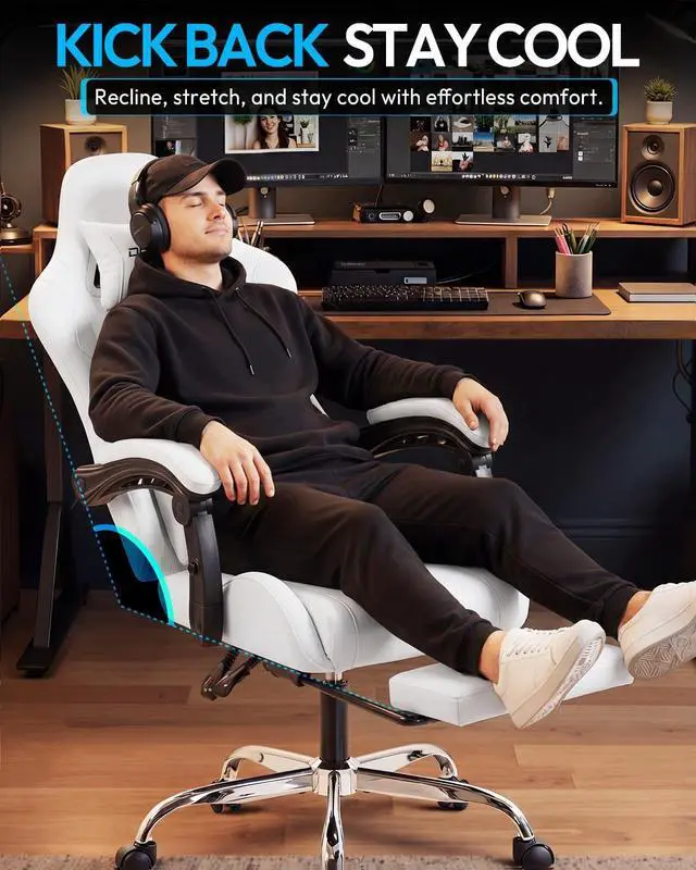 Alt view image 5 of 7 - Dowinx Ergonomic Gaming Chair with Footrest & Massage Lumbar, 2D-Linkage Armrests for Computer Chair 330lbs with Headrest Pillow for Office, Home, Streaming and Long Gaming Sessions, Fabric Pure White