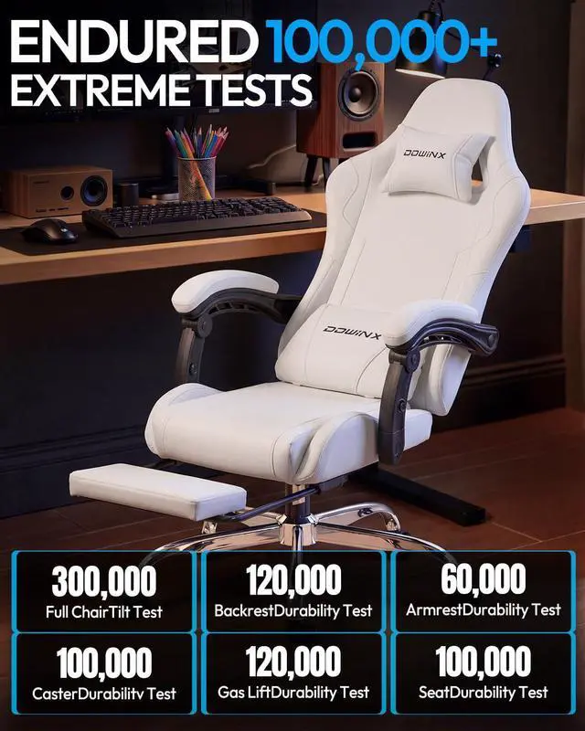 Alt view image 6 of 7 - Dowinx Ergonomic Gaming Chair with Footrest & Massage Lumbar, 2D-Linkage Armrests for Computer Chair 330lbs with Headrest Pillow for Office, Home, Streaming and Long Gaming Sessions, Fabric Pure White