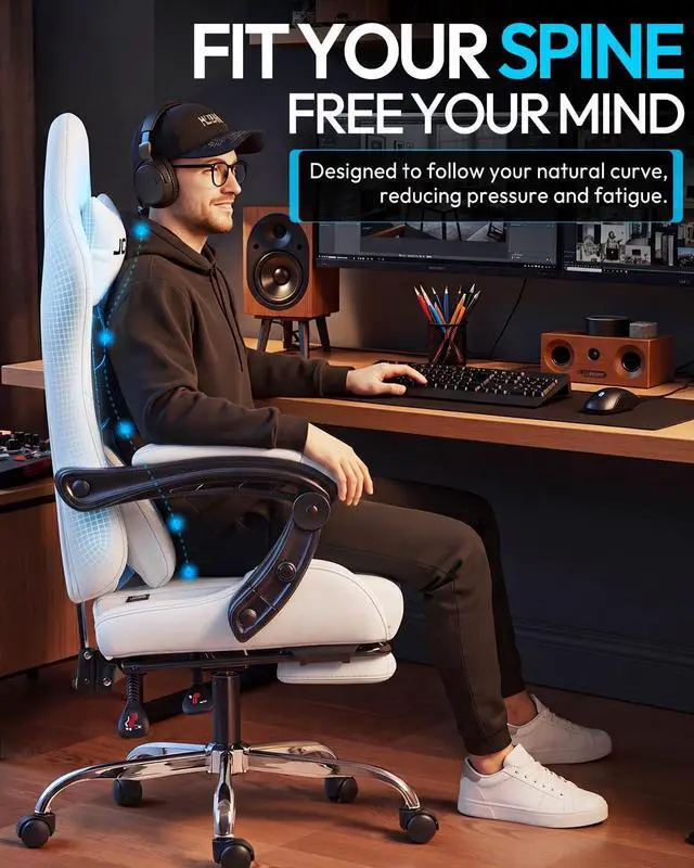 Alt view image 7 of 7 - Dowinx Ergonomic Gaming Chair with Footrest & Massage Lumbar, 2D-Linkage Armrests for Computer Chair 330lbs with Headrest Pillow for Office, Home, Streaming and Long Gaming Sessions, Fabric Pure White