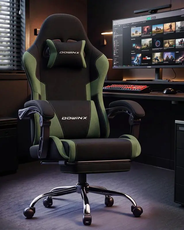 Alt view image 2 of 7 - Dowinx Ergonomic Gaming Chair with Footrest & Massage Lumbar, 2D-Linkage Armrests for Computer Chair 330lbs with Headrest Pillow for Office, Home, Streaming and Long Gaming Sessions, Fabric Dark Green