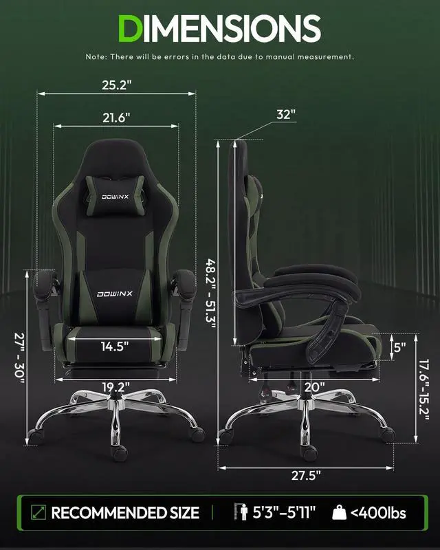Alt view image 3 of 7 - Dowinx Ergonomic Gaming Chair with Footrest & Massage Lumbar, 2D-Linkage Armrests for Computer Chair 330lbs with Headrest Pillow for Office, Home, Streaming and Long Gaming Sessions, Fabric Dark Green