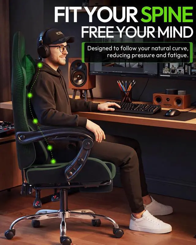Alt view image 6 of 7 - Dowinx Ergonomic Gaming Chair with Footrest & Massage Lumbar, 2D-Linkage Armrests for Computer Chair 330lbs with Headrest Pillow for Office, Home, Streaming and Long Gaming Sessions, Fabric Dark Green