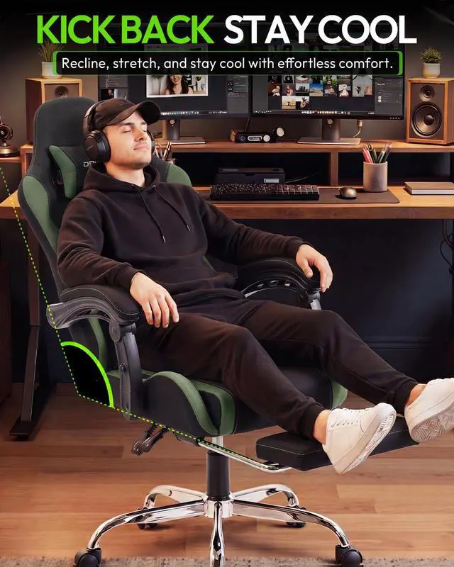 Alt view image 5 of 7 - Dowinx Ergonomic Gaming Chair with Footrest & Massage Lumbar, 2D-Linkage Armrests for Computer Chair 330lbs with Headrest Pillow for Office, Home, Streaming and Long Gaming Sessions, Fabric Dark Green