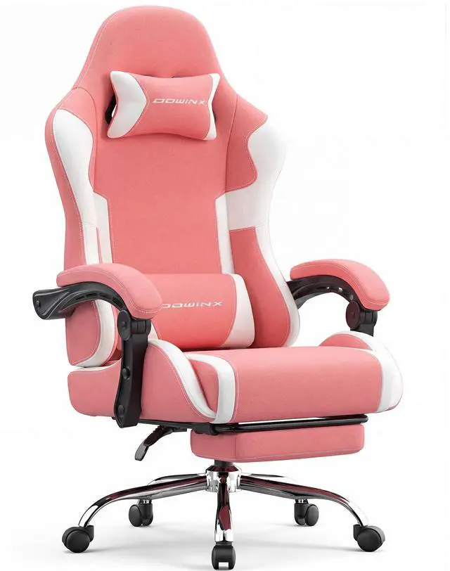 Main image of Dowinx Ergonomic Gaming Chair with Footrest & Massage Lumbar, 2D-Linkage Armrests for Computer Chair 330lbs with Headrest Pillow for Office, Home, Streaming and Long Gaming Sessions, Fabric Pink White