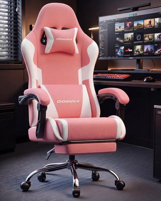 Alt view image 2 of 7 - Dowinx Ergonomic Gaming Chair with Footrest & Massage Lumbar, 2D-Linkage Armrests for Computer Chair 330lbs with Headrest Pillow for Office, Home, Streaming and Long Gaming Sessions, Fabric Pink White
