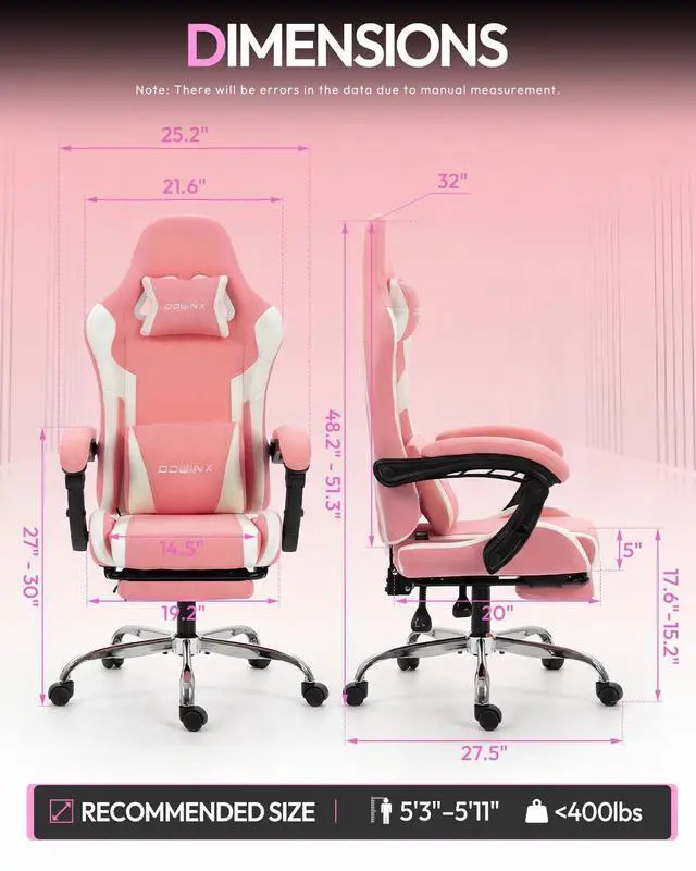 Alt view image 3 of 7 - Dowinx Ergonomic Gaming Chair with Footrest & Massage Lumbar, 2D-Linkage Armrests for Computer Chair 330lbs with Headrest Pillow for Office, Home, Streaming and Long Gaming Sessions, Fabric Pink White