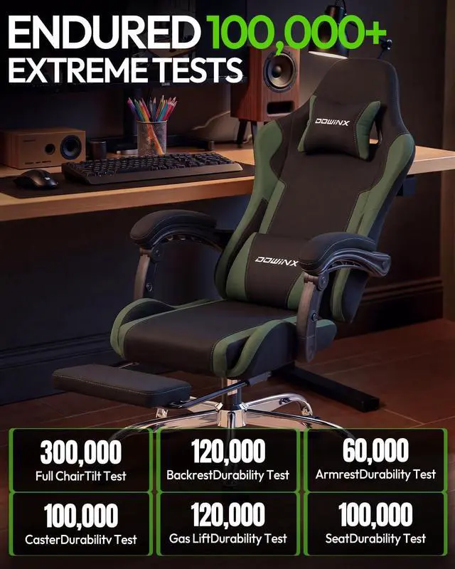 Alt view image 7 of 7 - Dowinx Ergonomic Gaming Chair with Footrest & Massage Lumbar, 2D-Linkage Armrests for Computer Chair 330lbs with Headrest Pillow for Office, Home, Streaming and Long Gaming Sessions, Fabric Dark Green