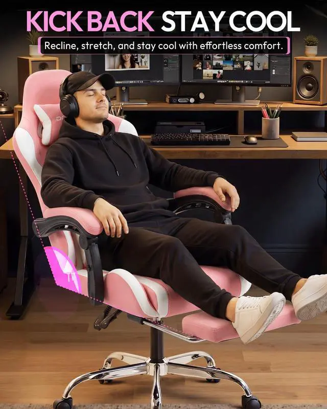 Alt view image 5 of 7 - Dowinx Ergonomic Gaming Chair with Footrest & Massage Lumbar, 2D-Linkage Armrests for Computer Chair 330lbs with Headrest Pillow for Office, Home, Streaming and Long Gaming Sessions, Fabric Pink White