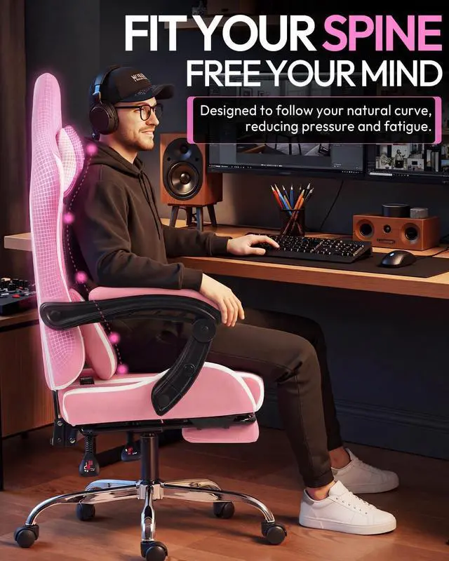 Alt view image 6 of 7 - Dowinx Ergonomic Gaming Chair with Footrest & Massage Lumbar, 2D-Linkage Armrests for Computer Chair 330lbs with Headrest Pillow for Office, Home, Streaming and Long Gaming Sessions, Fabric Pink White