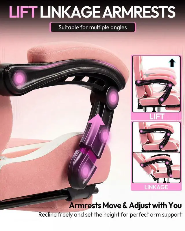 Alt view image 4 of 7 - Dowinx Ergonomic Gaming Chair with Footrest & Massage Lumbar, 2D-Linkage Armrests for Computer Chair 330lbs with Headrest Pillow for Office, Home, Streaming and Long Gaming Sessions, Fabric Pink White