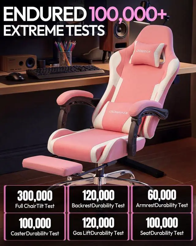 Alt view image 7 of 7 - Dowinx Ergonomic Gaming Chair with Footrest & Massage Lumbar, 2D-Linkage Armrests for Computer Chair 330lbs with Headrest Pillow for Office, Home, Streaming and Long Gaming Sessions, Fabric Pink White