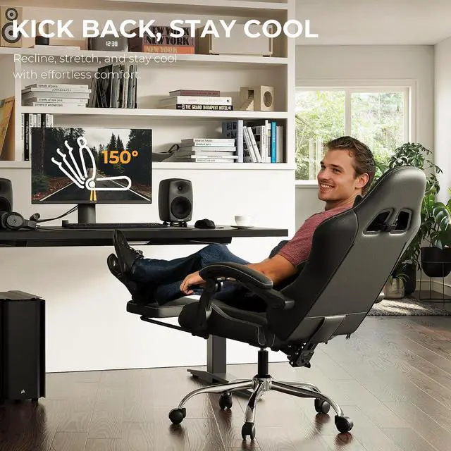 Alt view image 2 of 7 - Dowinx Gaming Chair with Footrest, 330lbs Computer Chair 2D Lift Linkage Armrest, Massage Lumbar, Height Adjustable Ergonomic Comfy Video Game Chairs for Home Office Streaming, Long Gaming, Black