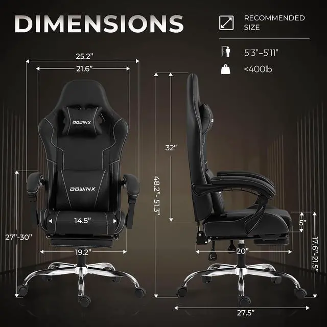Alt view image 3 of 7 - Dowinx Gaming Chair with Footrest, 330lbs Computer Chair 2D Lift Linkage Armrest, Massage Lumbar, Height Adjustable Ergonomic Comfy Video Game Chairs for Home Office Streaming, Long Gaming, Black