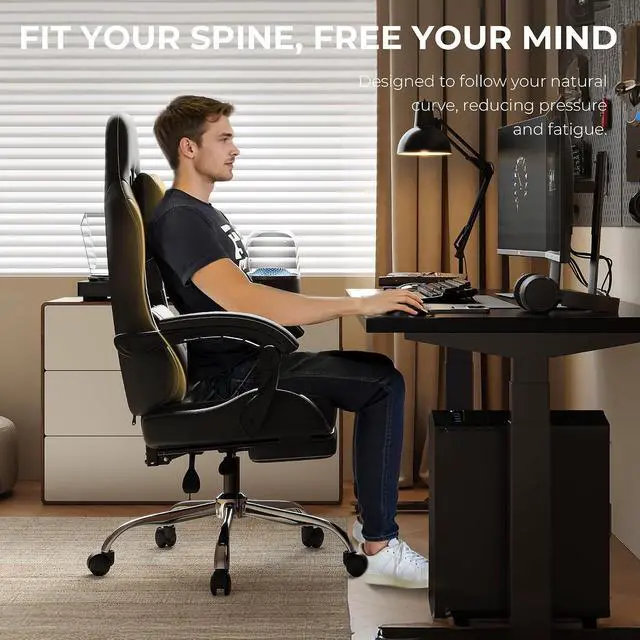 Alt view image 5 of 7 - Dowinx Gaming Chair with Footrest, 330lbs Computer Chair 2D Lift Linkage Armrest, Massage Lumbar, Height Adjustable Ergonomic Comfy Video Game Chairs for Home Office Streaming, Long Gaming, Black