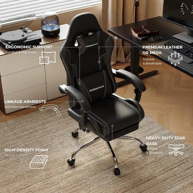 Alt view image 6 of 7 - Dowinx Gaming Chair with Footrest, 330lbs Computer Chair 2D Lift Linkage Armrest, Massage Lumbar, Height Adjustable Ergonomic Comfy Video Game Chairs for Home Office Streaming, Long Gaming, Black