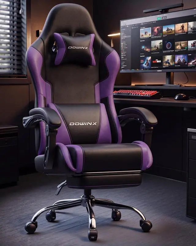 Alt view image 2 of 7 - Dowinx Ergonomic Gaming Chair with Footrest & Massage Lumbar, 2D-Linkage Armrests for Computer Chair 330lbs with Headrest Pillow for Office, Home, Streaming and Long Gaming Sessions, Fabric Purple