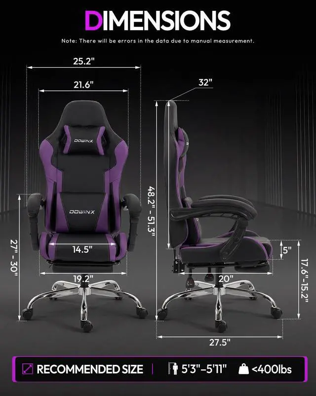 Alt view image 3 of 7 - Dowinx Ergonomic Gaming Chair with Footrest & Massage Lumbar, 2D-Linkage Armrests for Computer Chair 330lbs with Headrest Pillow for Office, Home, Streaming and Long Gaming Sessions, Fabric Purple