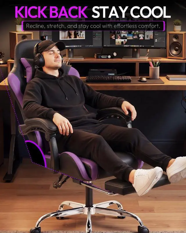 Alt view image 5 of 7 - Dowinx Ergonomic Gaming Chair with Footrest & Massage Lumbar, 2D-Linkage Armrests for Computer Chair 330lbs with Headrest Pillow for Office, Home, Streaming and Long Gaming Sessions, Fabric Purple