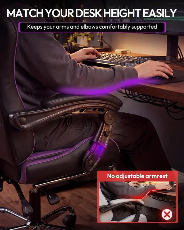 Alt view image 4 of 7 - Dowinx Ergonomic Gaming Chair with Footrest & Massage Lumbar, 2D-Linkage Armrests for Computer Chair 330lbs with Headrest Pillow for Office, Home, Streaming and Long Gaming Sessions, Fabric Purple