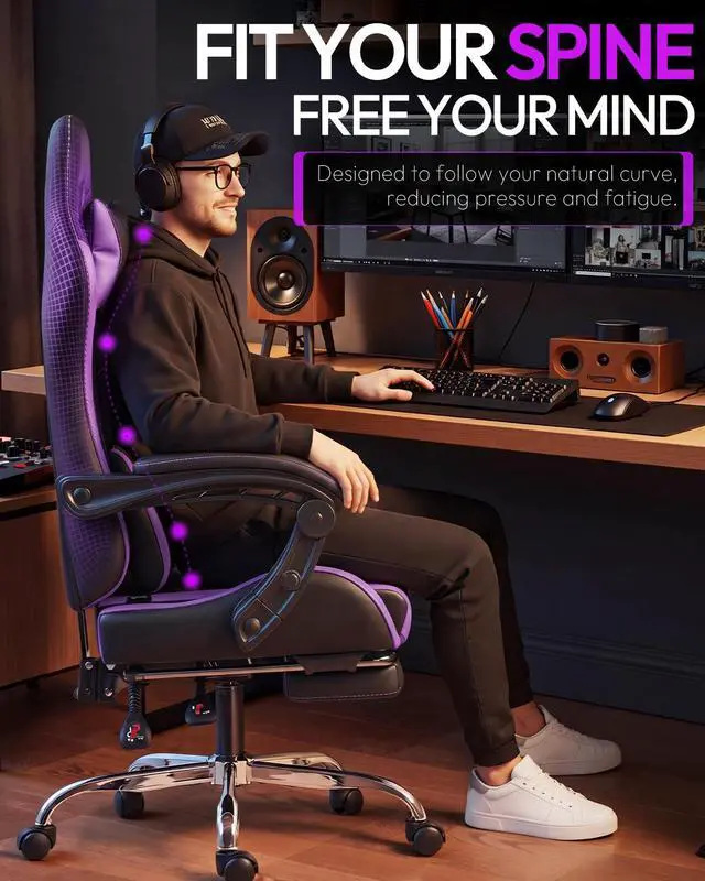Alt view image 6 of 7 - Dowinx Ergonomic Gaming Chair with Footrest & Massage Lumbar, 2D-Linkage Armrests for Computer Chair 330lbs with Headrest Pillow for Office, Home, Streaming and Long Gaming Sessions, Fabric Purple