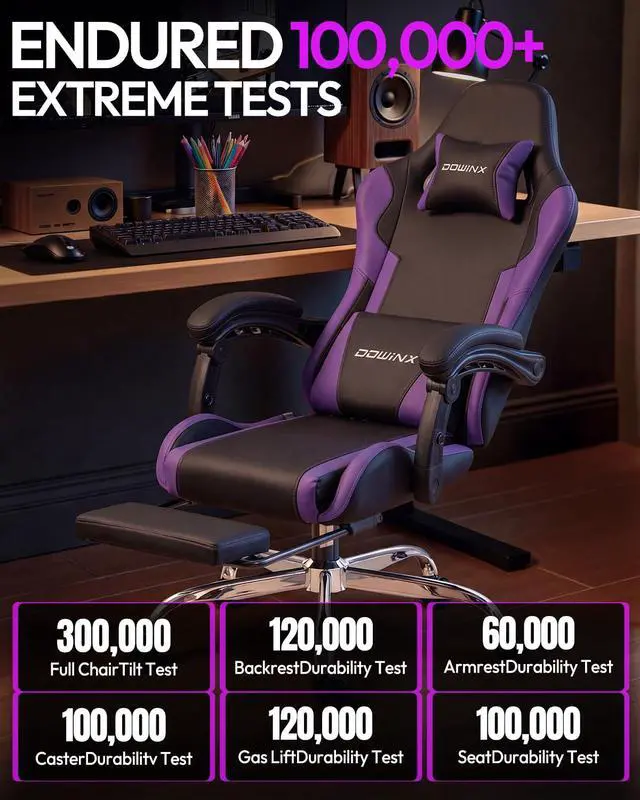 Alt view image 7 of 7 - Dowinx Ergonomic Gaming Chair with Footrest & Massage Lumbar, 2D-Linkage Armrests for Computer Chair 330lbs with Headrest Pillow for Office, Home, Streaming and Long Gaming Sessions, Fabric Purple