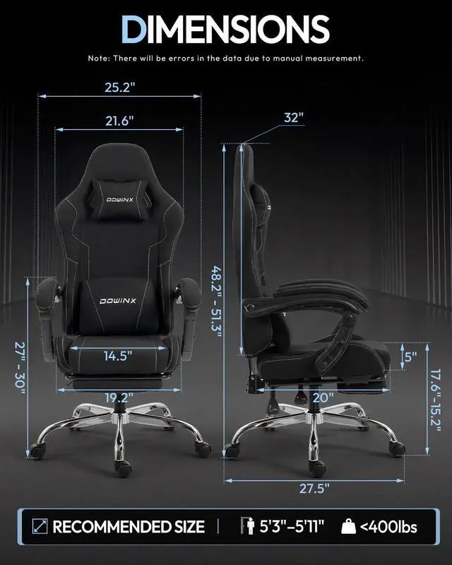 Alt view image 3 of 7 - Dowinx Ergonomic Gaming Chair with Footrest & Massage Lumbar, 2D-Linkage Armrests for Computer Chair 330lbs with Headrest Pillow for Office, Home, Streaming and Long Gaming Sessions, Fabric Black