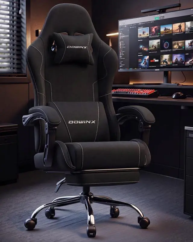 Alt view image 2 of 7 - Dowinx Ergonomic Gaming Chair with Footrest & Massage Lumbar, 2D-Linkage Armrests for Computer Chair 330lbs with Headrest Pillow for Office, Home, Streaming and Long Gaming Sessions, Fabric Black