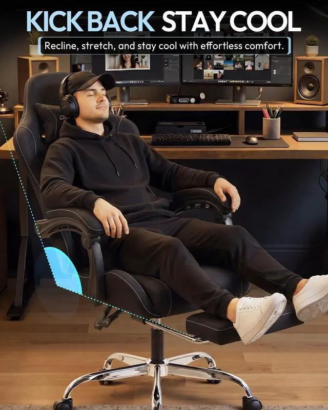 Alt view image 5 of 7 - Dowinx Ergonomic Gaming Chair with Footrest & Massage Lumbar, 2D-Linkage Armrests for Computer Chair 330lbs with Headrest Pillow for Office, Home, Streaming and Long Gaming Sessions, Fabric Black