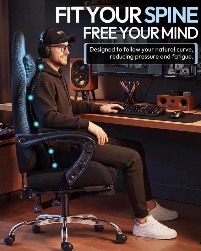Alt view image 6 of 7 - Dowinx Ergonomic Gaming Chair with Footrest & Massage Lumbar, 2D-Linkage Armrests for Computer Chair 330lbs with Headrest Pillow for Office, Home, Streaming and Long Gaming Sessions, Fabric Black
