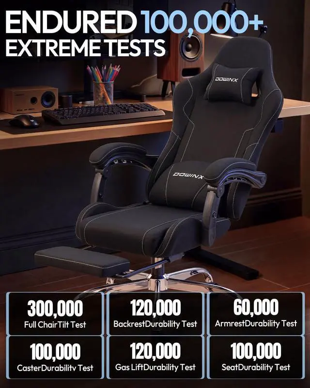 Alt view image 7 of 7 - Dowinx Ergonomic Gaming Chair with Footrest & Massage Lumbar, 2D-Linkage Armrests for Computer Chair 330lbs with Headrest Pillow for Office, Home, Streaming and Long Gaming Sessions, Fabric Black