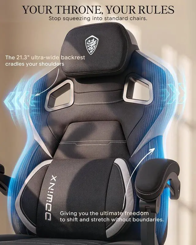 Alt view image 3 of 7 - Dowinx Big and Tall Gaming Chair with Footrest, Black | Breathable woven fabric with lumbar support and extra-wide seat back; big-and-tall frame fits larger, heavier users.