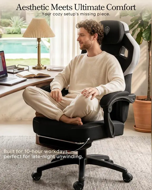 Alt view image 4 of 7 - Dowinx Big and Tall Gaming Chair with Footrest, Black | Breathable woven fabric with lumbar support and extra-wide seat back; big-and-tall frame fits larger, heavier users.