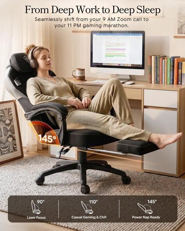 Alt view image 5 of 7 - Dowinx Big and Tall Gaming Chair with Footrest, Black | Breathable woven fabric with lumbar support and extra-wide seat back; big-and-tall frame fits larger, heavier users.