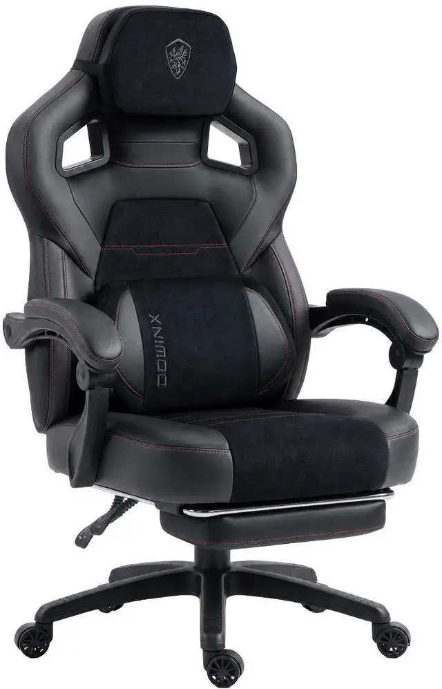 Main image of Dowinx Big and Tall Gaming Chair with Footrest, Leather, Black | PU leather seat with lumbar support and extra-wide back; holds larger, heavier users; easy-clean finish for desk setups.