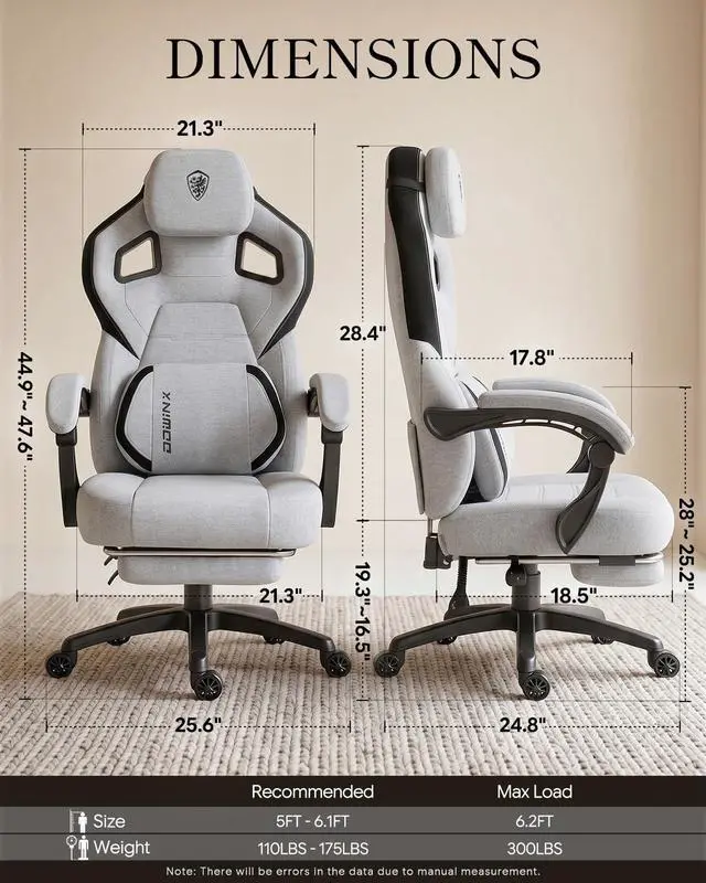 Alt view image 2 of 7 - Dowinx Big and Tall Gaming Chair with Footrest, Gray | Breathable woven fabric with lumbar support and extra-wide seat back; big-and-tall frame fits larger, heavier users.