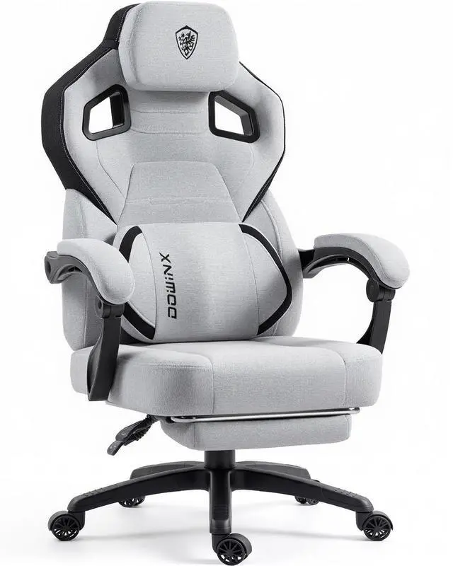 Main image of Dowinx Big and Tall Gaming Chair with Footrest, Gray | Breathable woven fabric with lumbar support and extra-wide seat back; big-and-tall frame fits larger, heavier users.