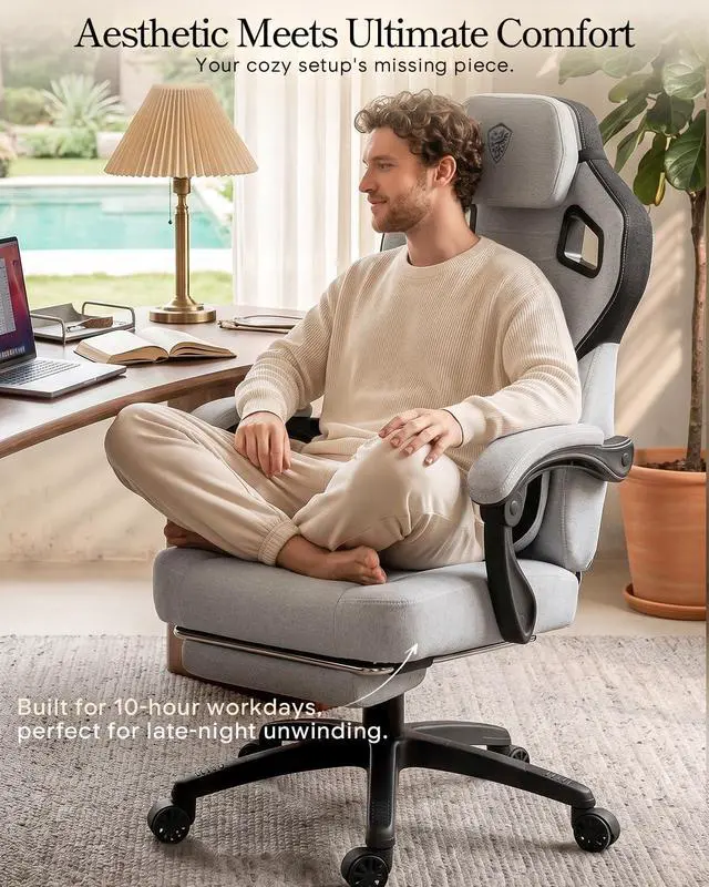 Alt view image 4 of 7 - Dowinx Big and Tall Gaming Chair with Footrest, Gray | Breathable woven fabric with lumbar support and extra-wide seat back; big-and-tall frame fits larger, heavier users.