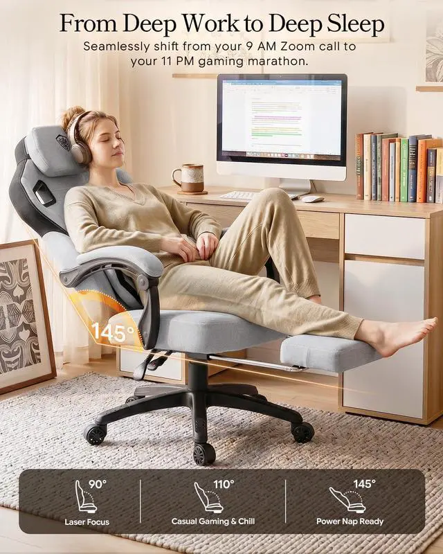 Alt view image 5 of 7 - Dowinx Big and Tall Gaming Chair with Footrest, Gray | Breathable woven fabric with lumbar support and extra-wide seat back; big-and-tall frame fits larger, heavier users.