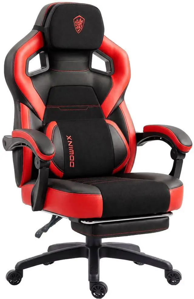 Main image of Dowinx Big and Tall Ergonomic Gaming Chair with Footrest, Red | PU leather seat with lumbar support and extra-wide back; holds larger, heavier users; easy-clean finish for desk setups.