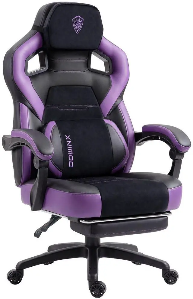 Main image of Dowinx Big and Tall Gaming Chair with Footrest, Leather, Purple | PU leather seat with lumbar support and extra-wide back; holds larger, heavier users; easy-clean finish for desk setups.